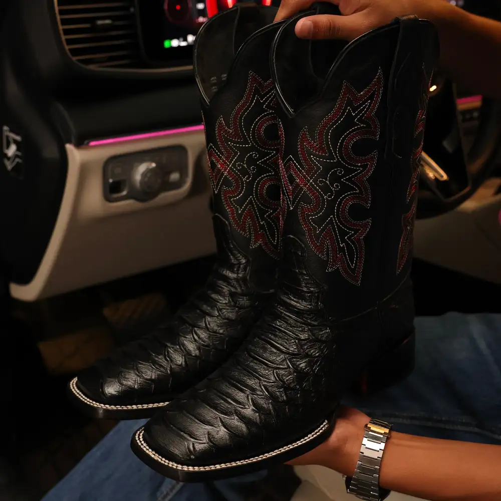 Black Anaconda Leather Boots -Square Toe
