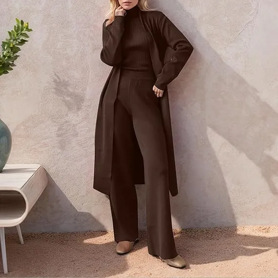 Three-Piece Set - Knit Turtleneck Tank & Wide Leg Pants With Long Cardigan