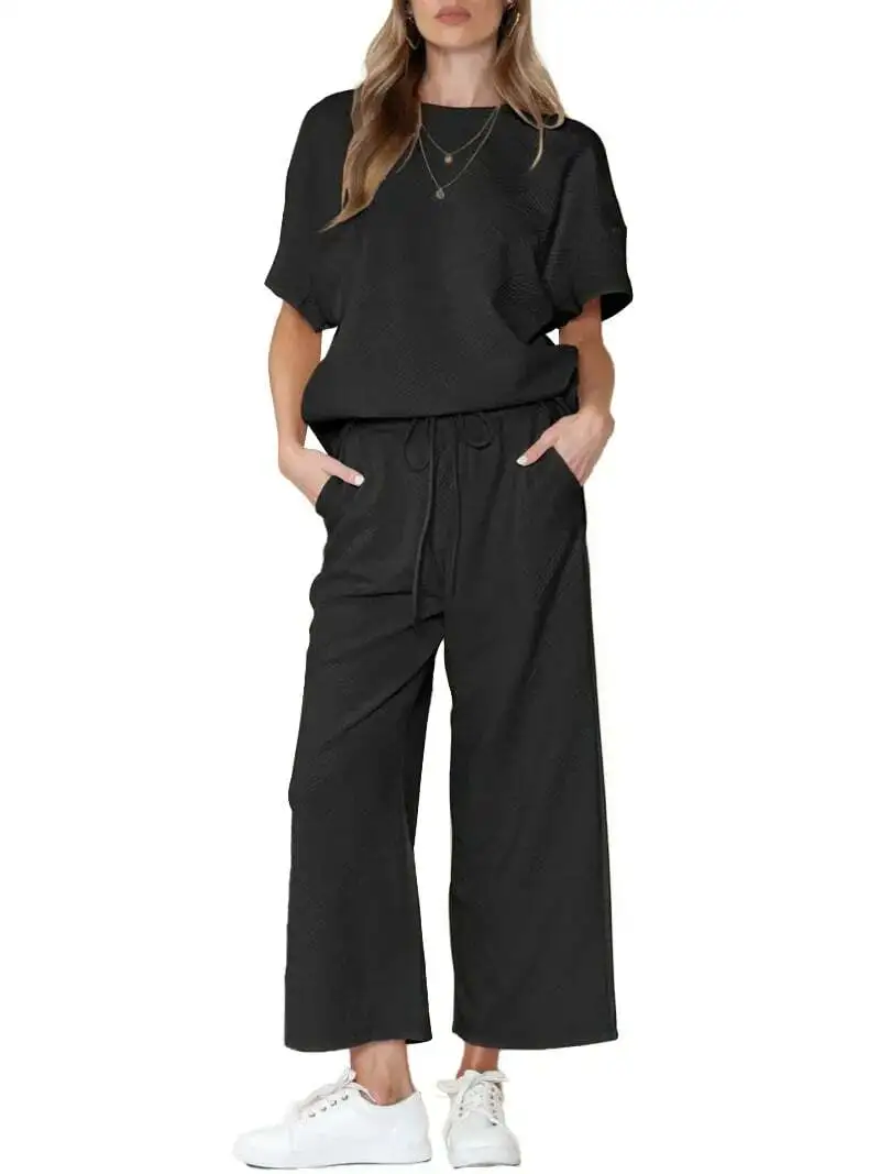 ⏰Women's Textured Loose Fit T Shirt and Drawstring Pants Casual Set