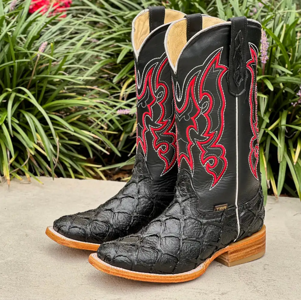 Men’s Black Pirarucu Leather Boots With Black/ Red Embroidery Shaft