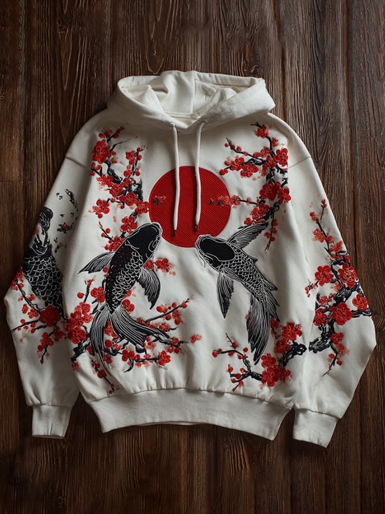 Men's Koi And Plum Blossoms Embroidered Japanese Art Casual Hoodie