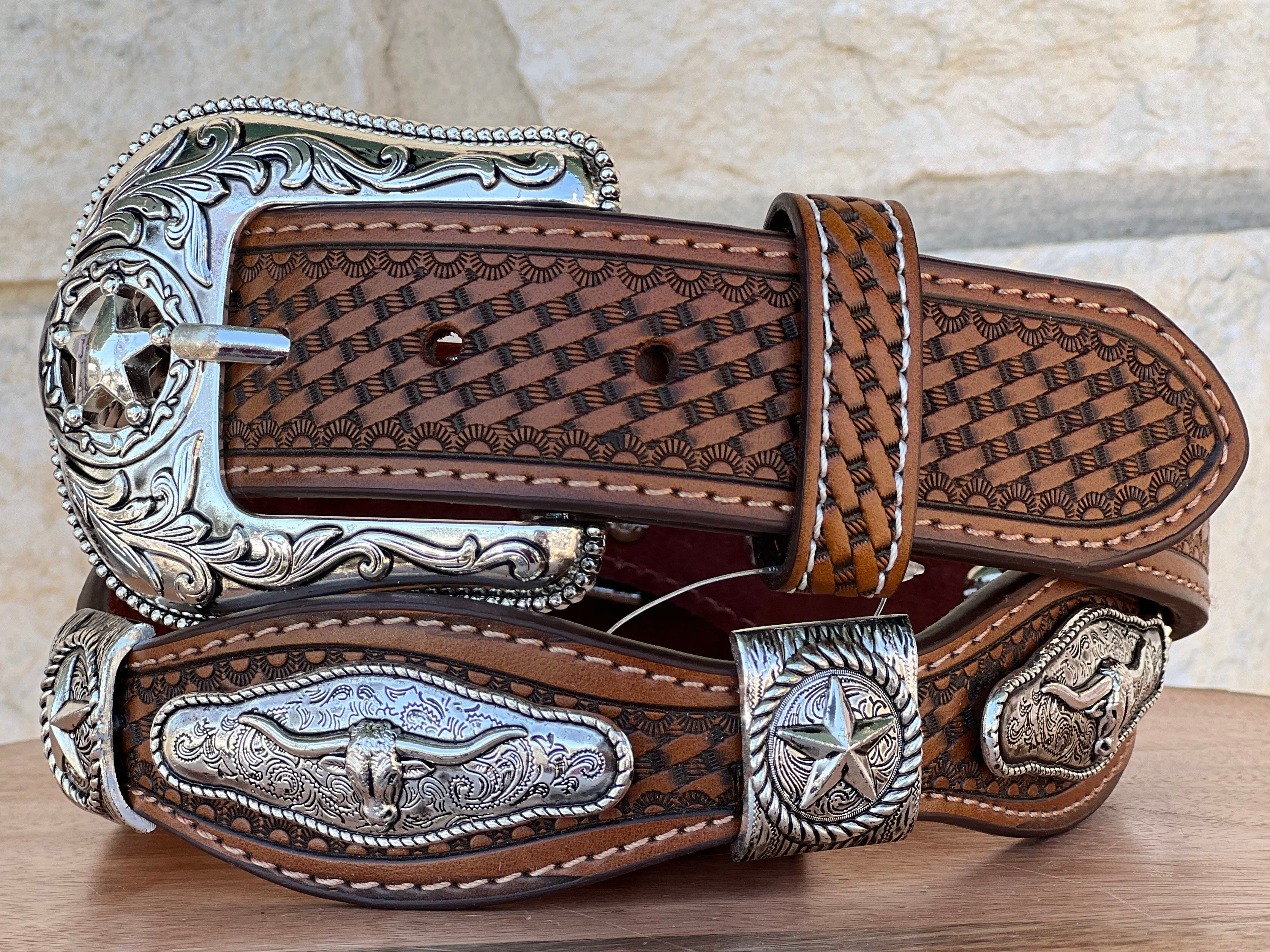 Men’s Honey Leather Belt With Longhorn Concho