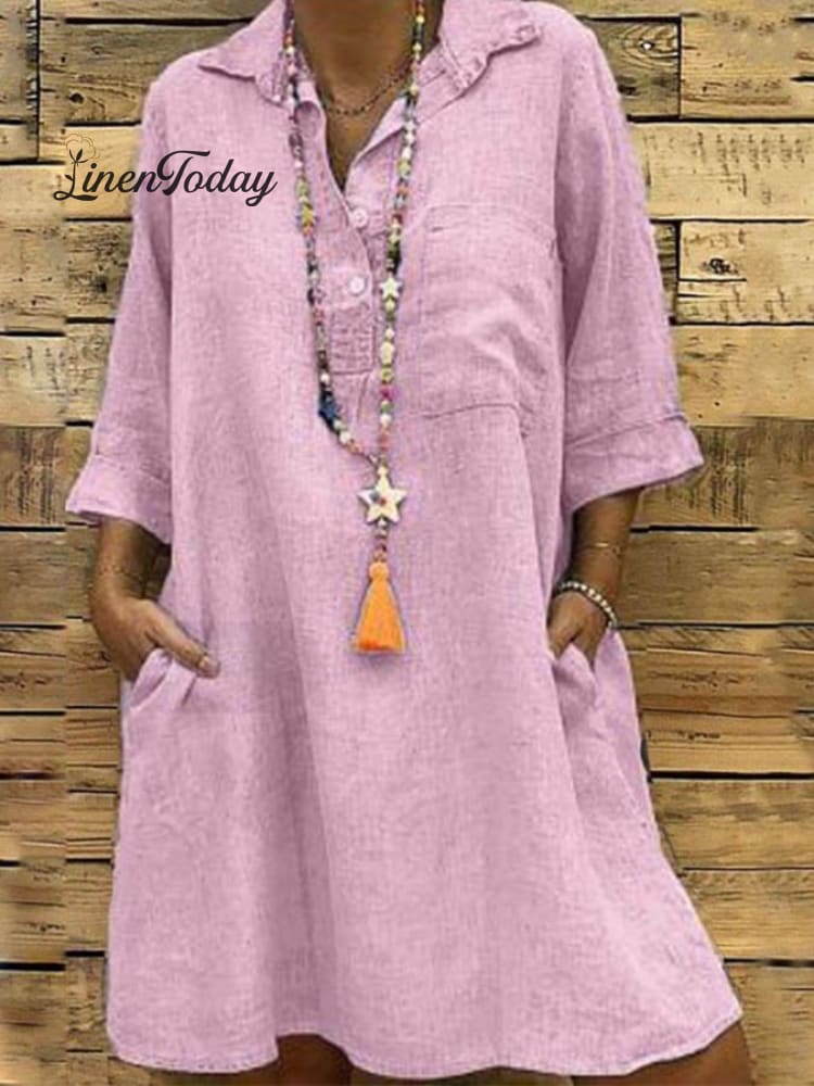 Ladies Plus Size 3/4 Sleeve Shirt Collar Casual Dress