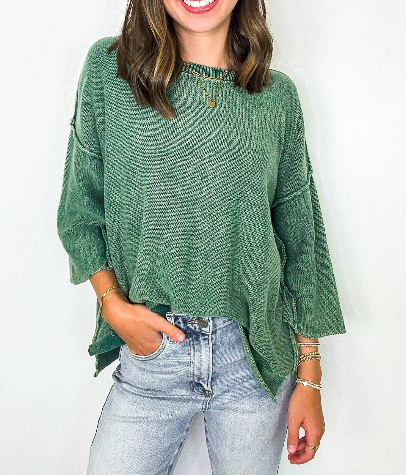 Cozy Fade Washed 3/4 Sleeve Relaxed Sweater