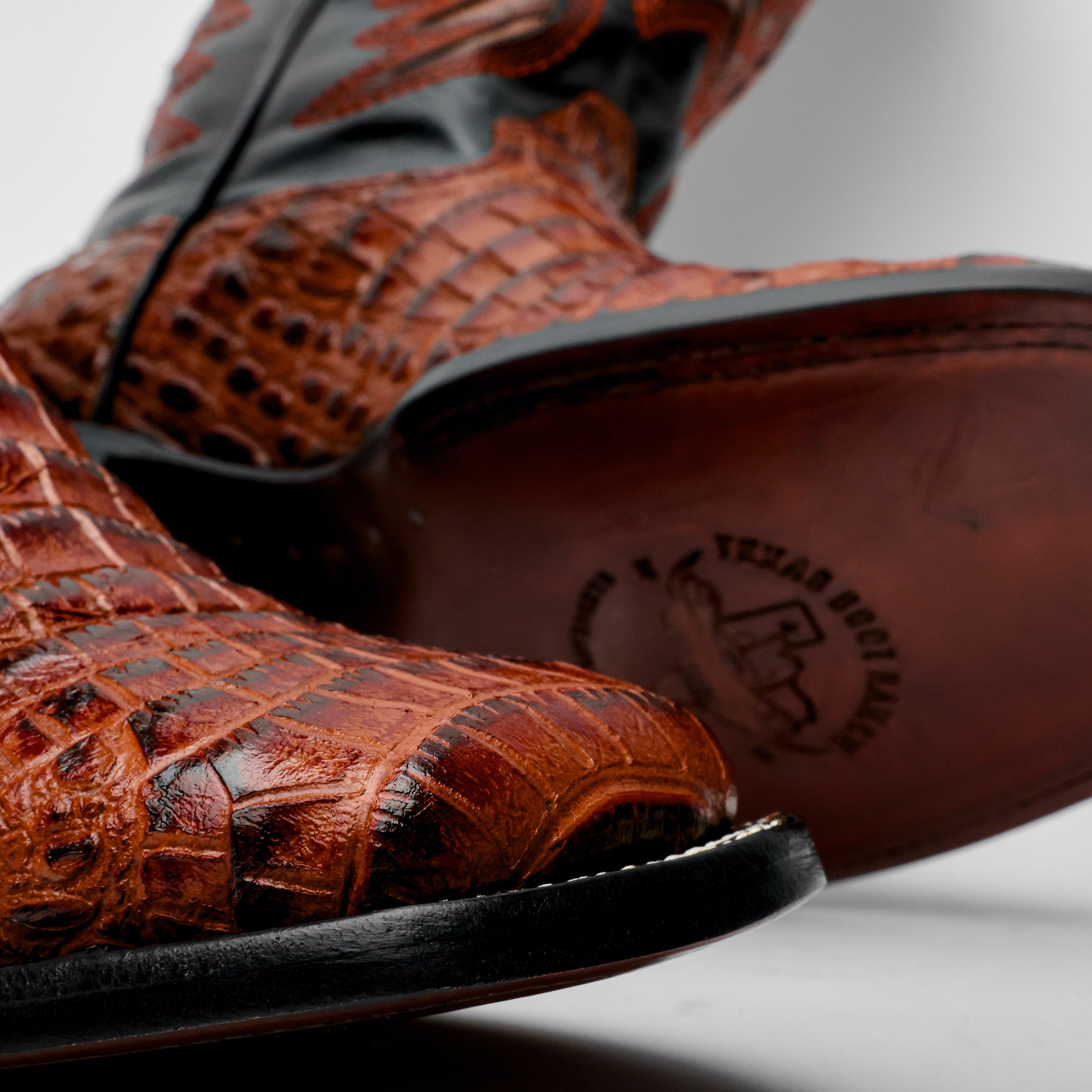 Cognac Caiman Belly Leather Boots - Square Toe