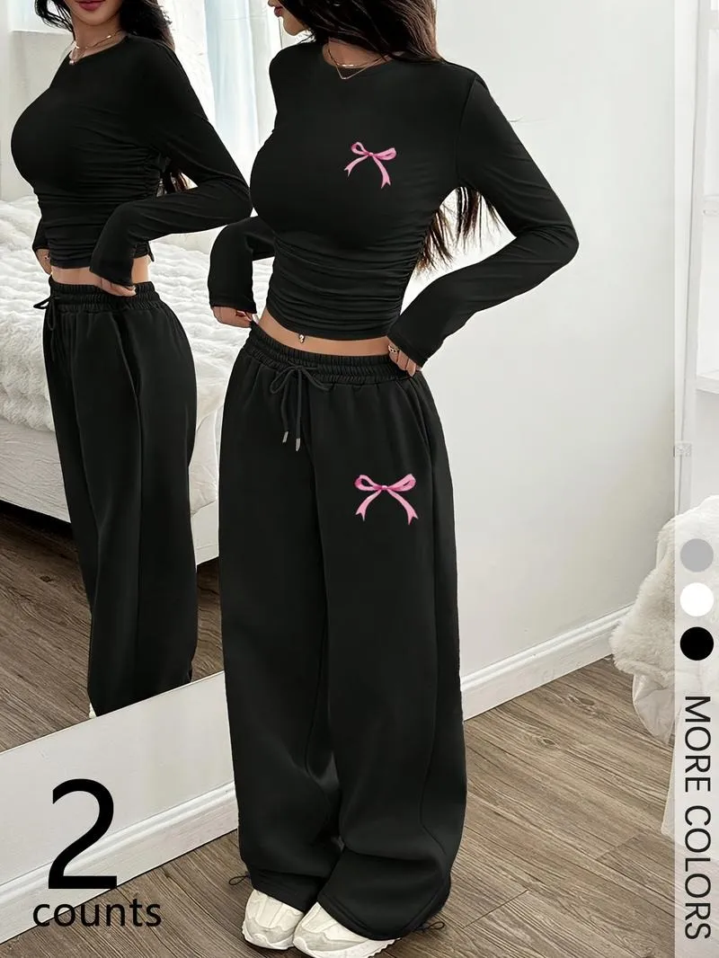 Two-Piece Set Women's Bowknot Print Regular Fit Round Neck T-shirt And Pants