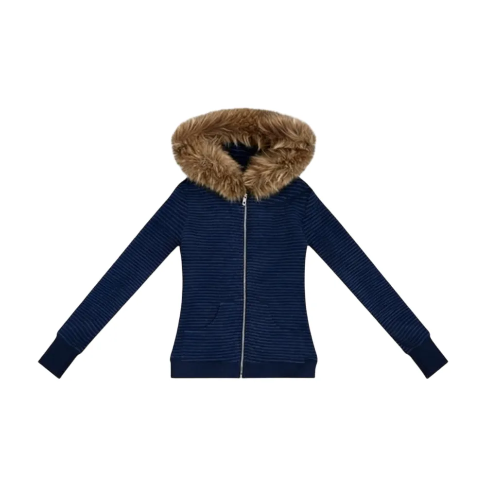 Women’s Striped Fur Collar Zip Hoodie