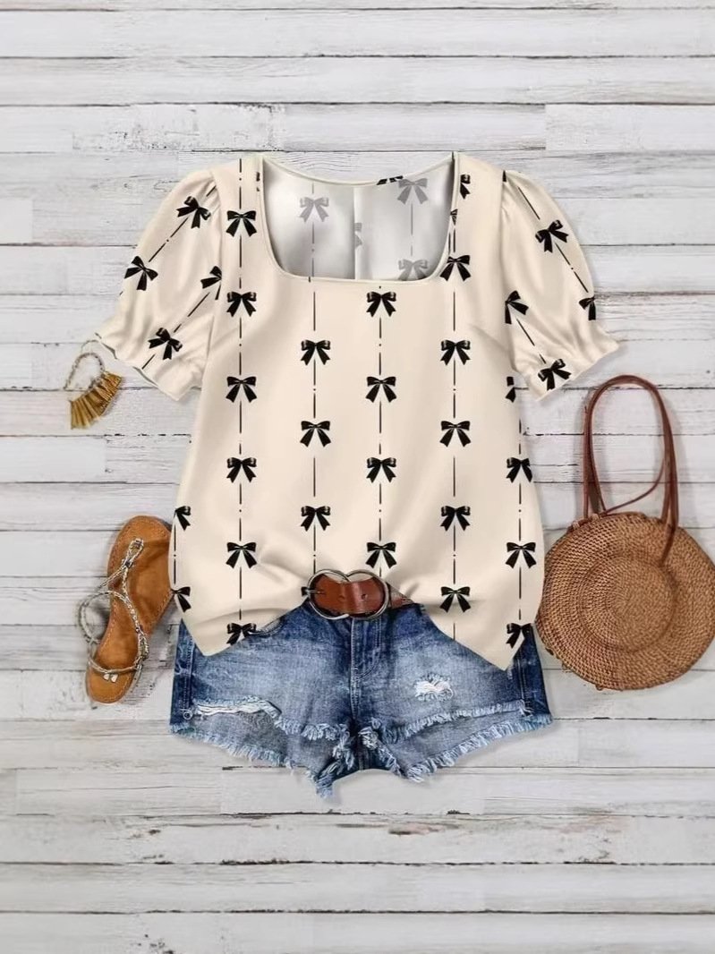 Puff Sleeve Loose Square Neck Floral Elegant T-Shirt