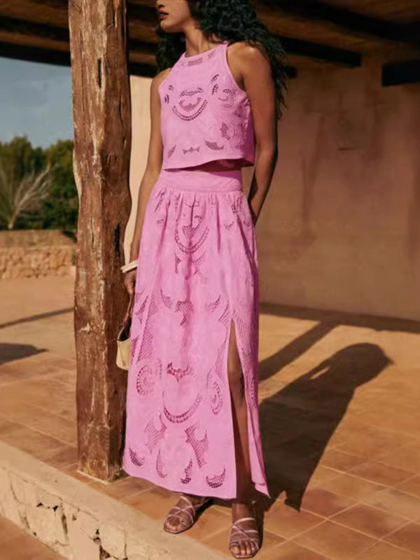 Ladies' New Casual Loose Vacation Irregular Graphic Vest + Skirt Slit Suit