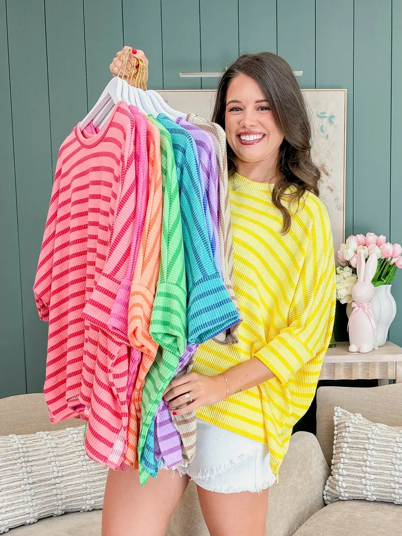 Spring Striped Raised Rib Easy Fit 3/4 Sleeve Top