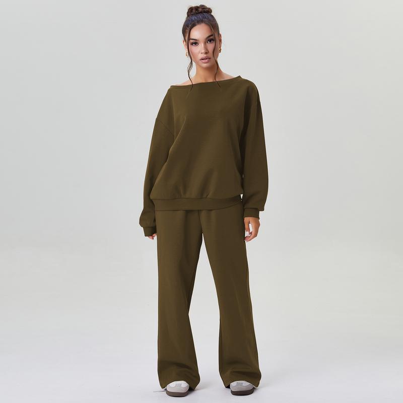 Women's Leisure Solid Color Sloping Shoulder Long Sleeve Top & Wide Leg Trousers Co-ord, Cozy Scoop Neck Loose Two Piece Outfits, Basic Womenswear