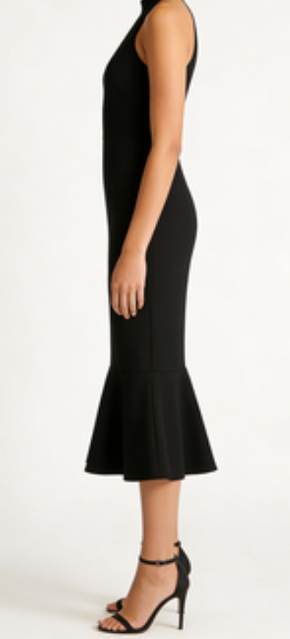 Chic Halter Neckline: Crepe Midi Dress with Flattering Fit & Flare Silhouette