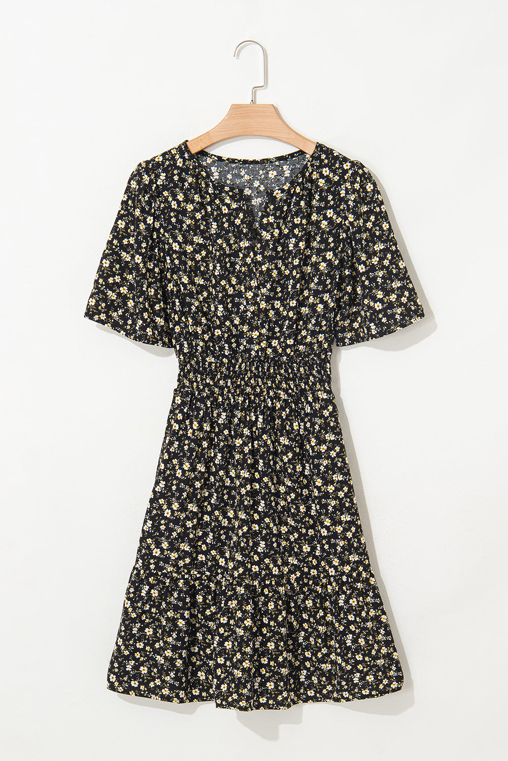 Black Floral Print Wrap V Neck Short Sleeve High Waistband Mini Dress