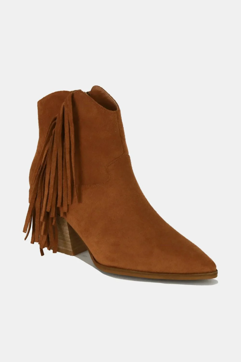 Suede Fringe Point Toe Ankle Boots in Caramel