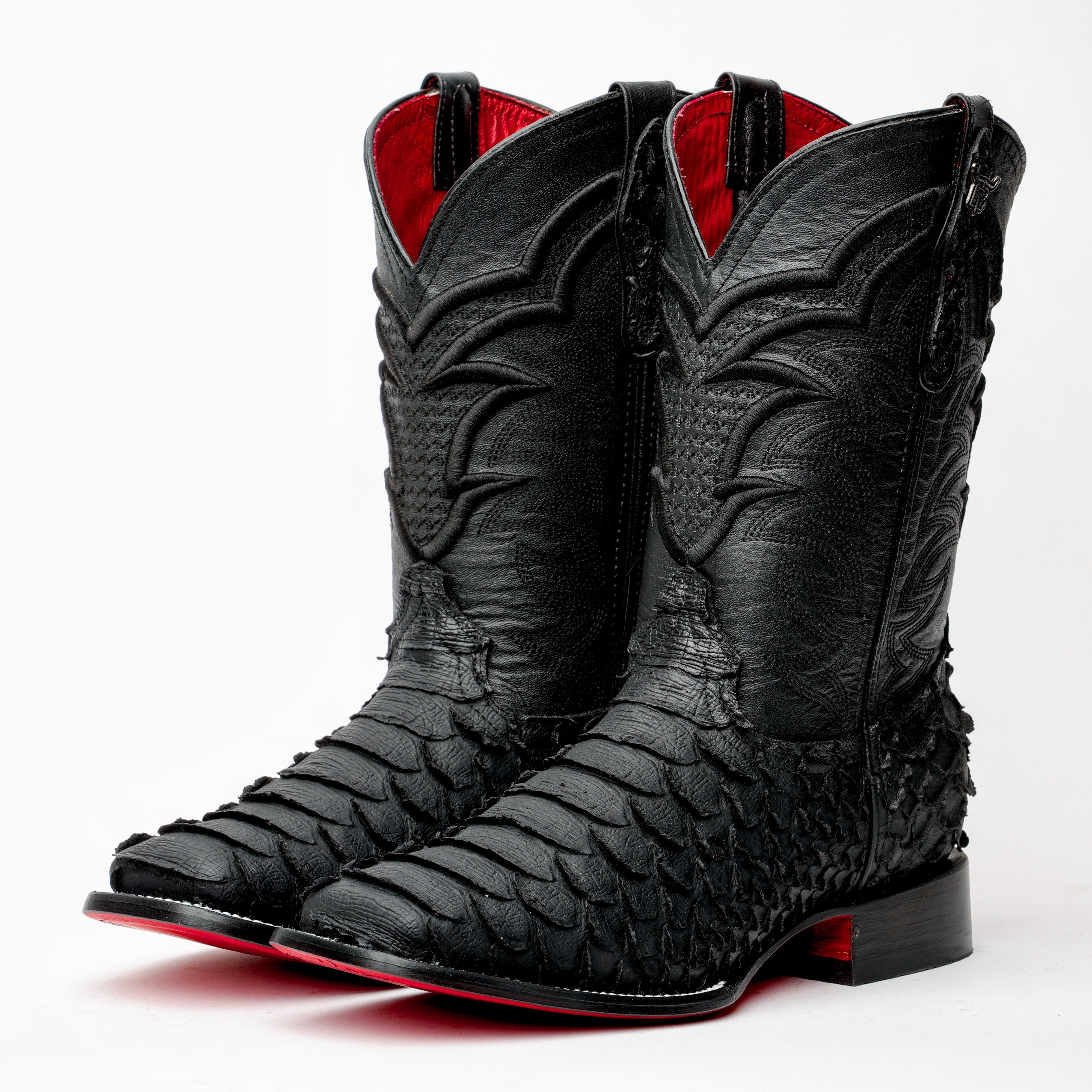 Matte Black Jumbo Python Leather Boots - Square Toe