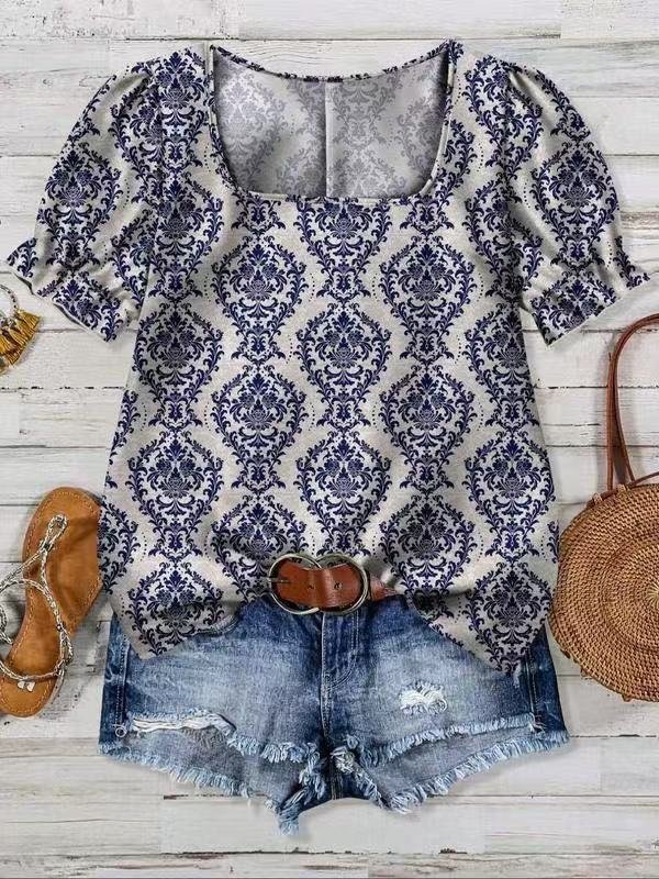 Puff Sleeve Loose Square Neck Floral Elegant T-Shirt