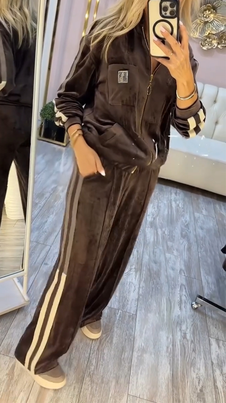 Women Lapel Zipper Vertical Stripe Jacket + Pants Casual Suit