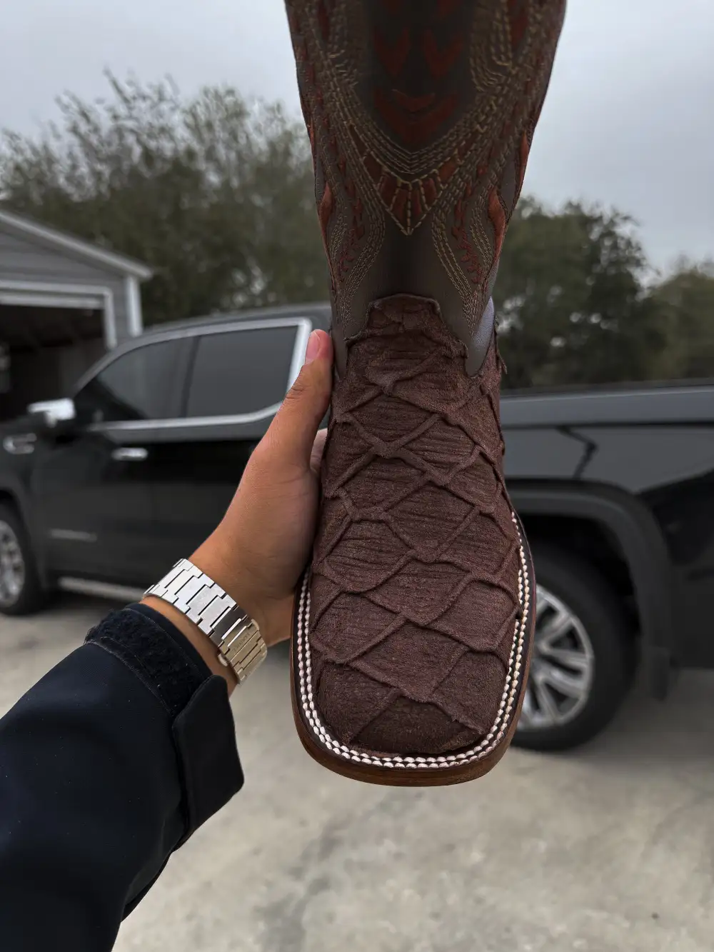 Chocolate Brown Rough-Out Pirarucu Leather Boots - Square Toe