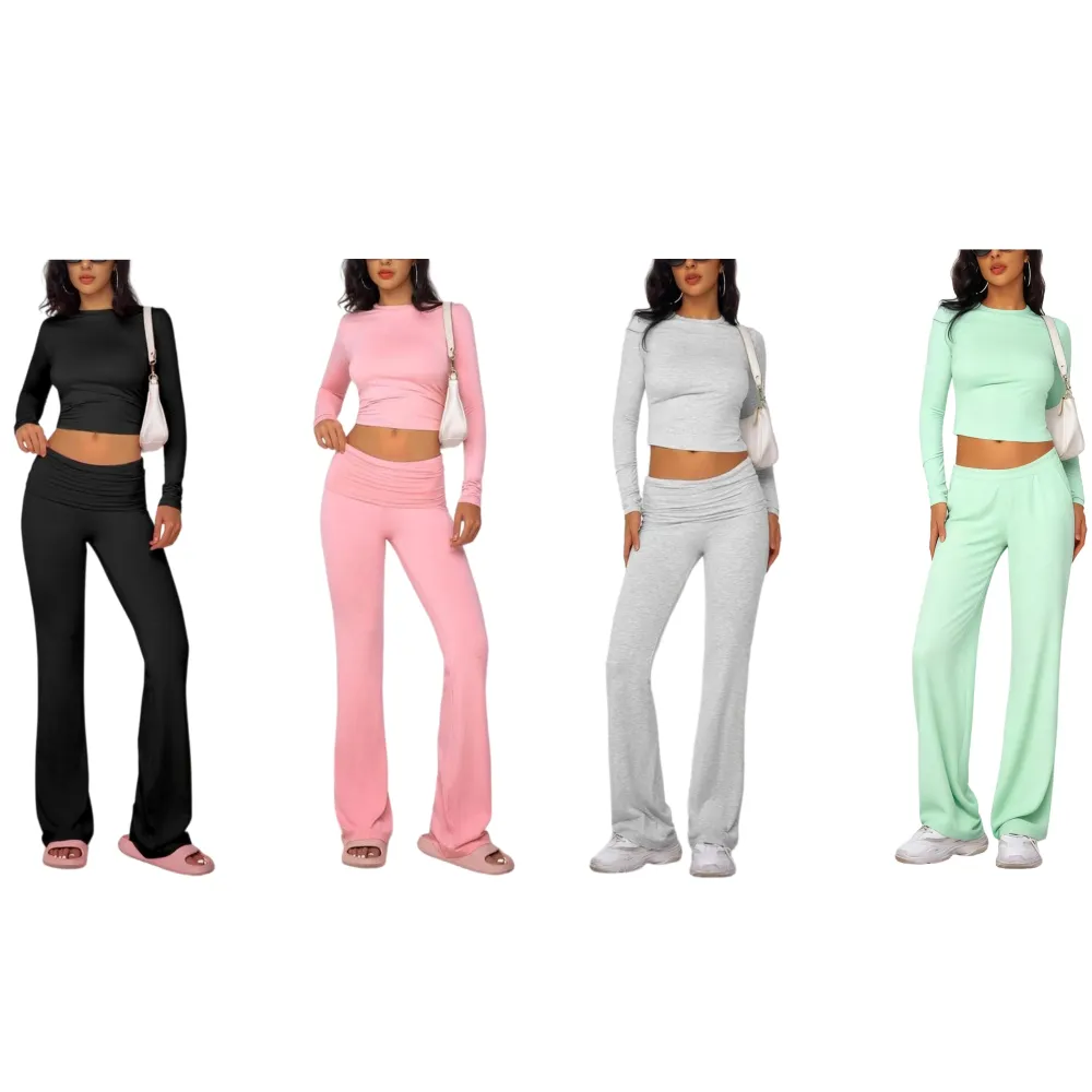 Casual Longsleeves Crop Tee & Fold Over Waist Flare Leg Pants Set