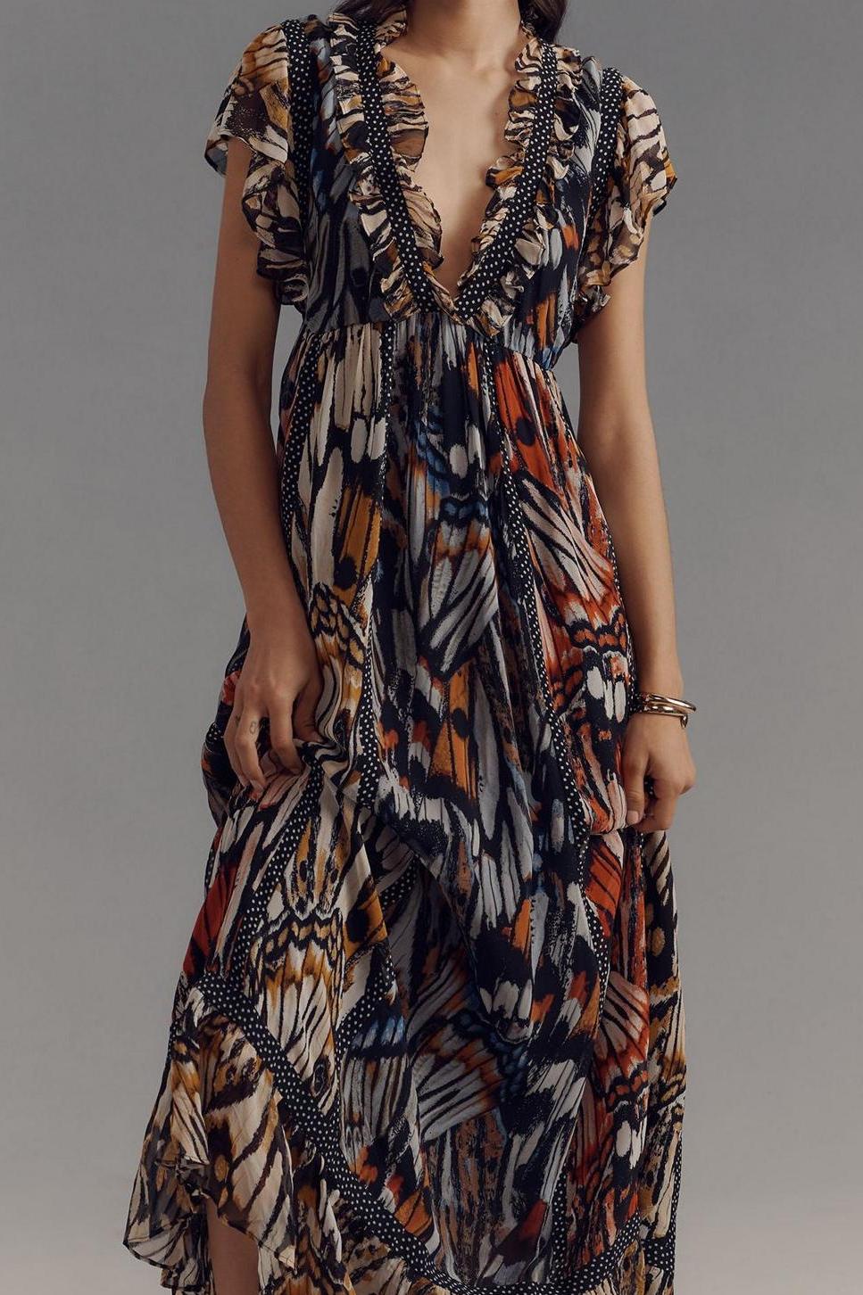 Short-Sleeve V-Neck Midi Dress