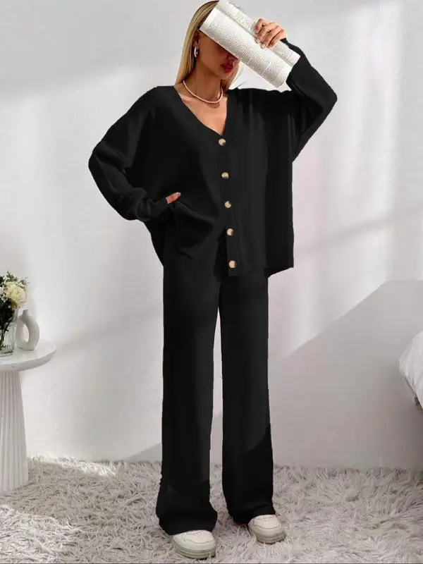 Women's Longsleeves  Cardigan & Wide Leg Pants Two-piece Set