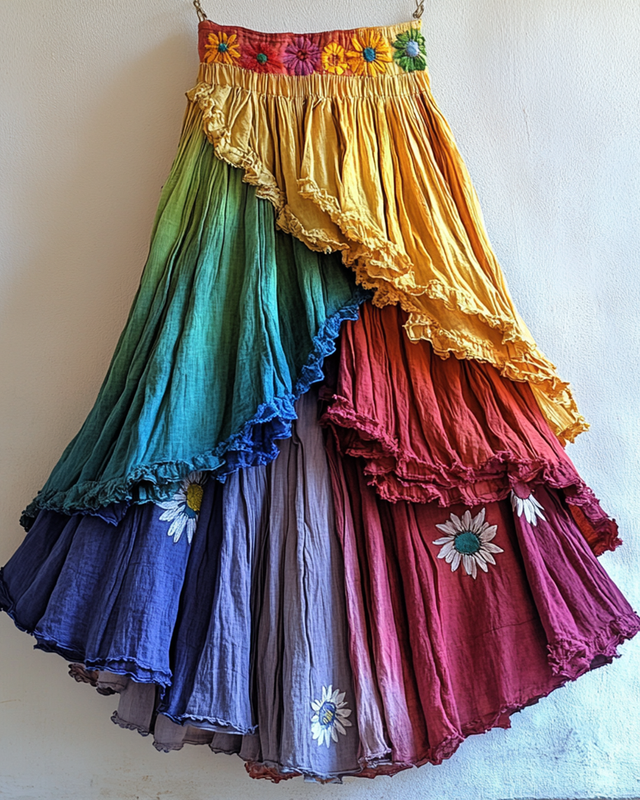 Summer Rainbow Gradient Daisy Embroidered Skirt 83bc