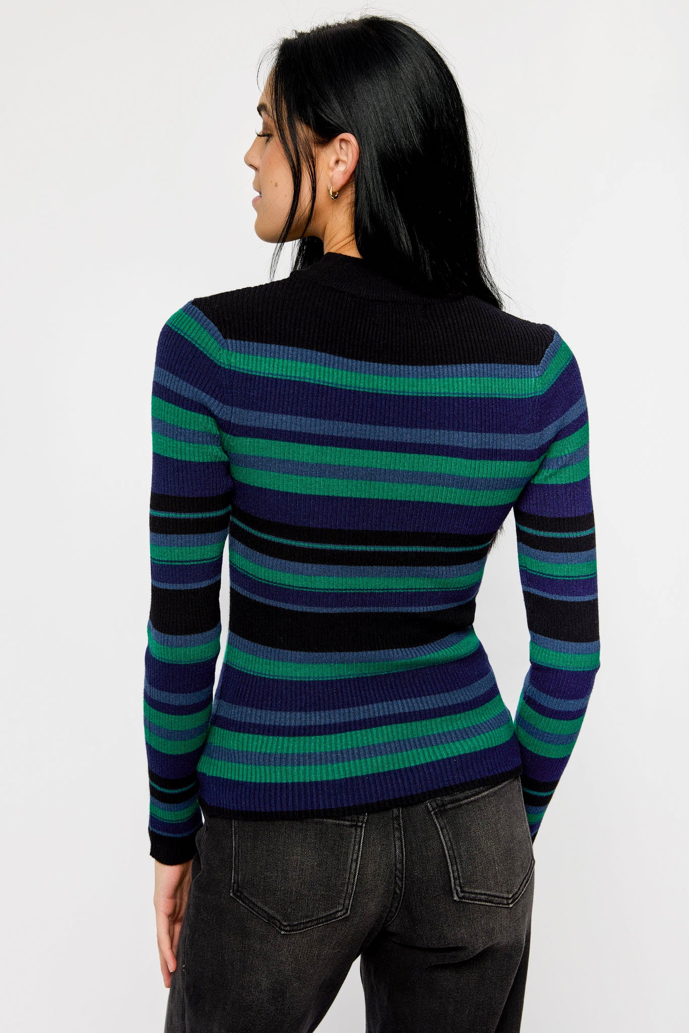 Striped Long-Sleeve Mockneck Ribbed Top
