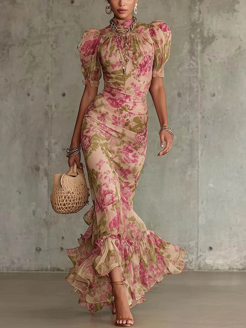 Vintage Rose Print Maxi Dress With Puff Sleeves(Accessories not included)
