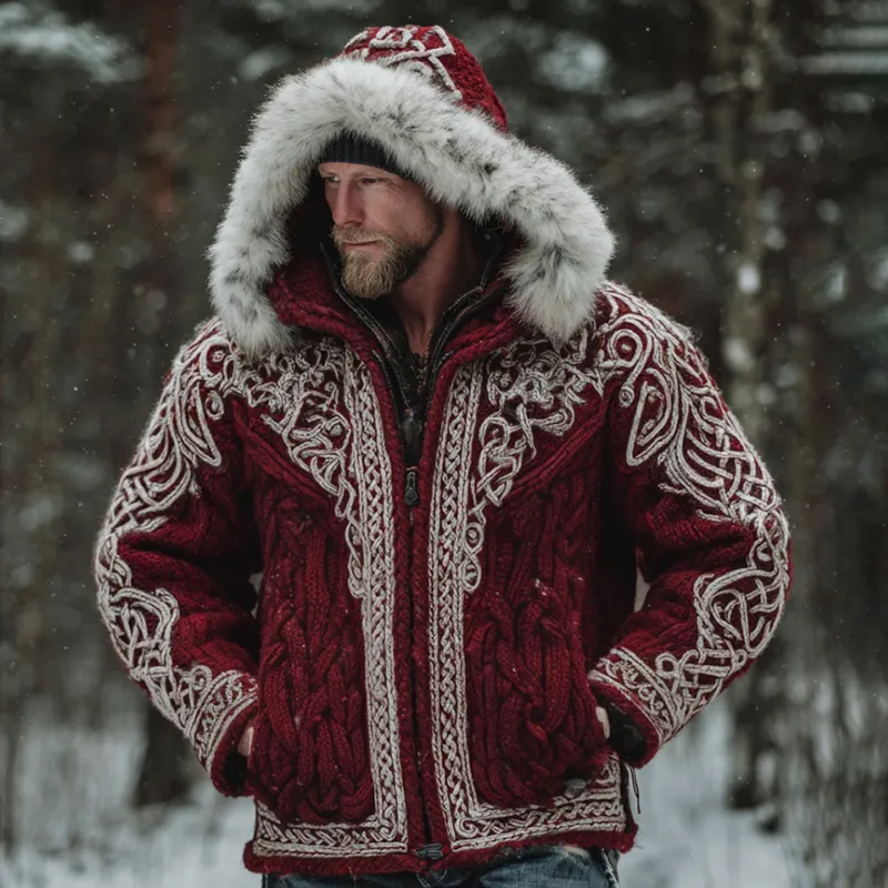 Men's Christmas Santa Celtic Art Warm Hooded Knit Sweater Jacket