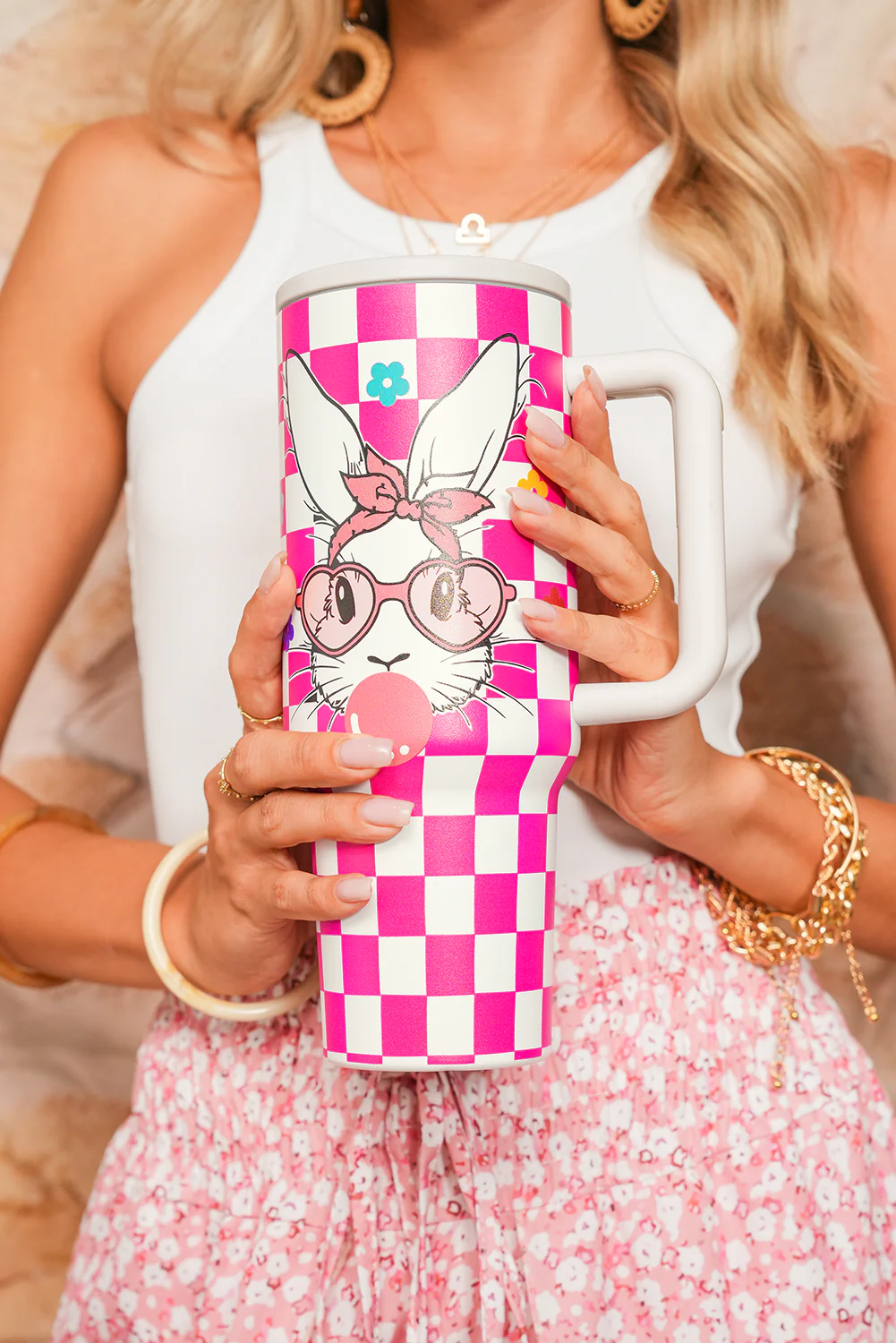 Rose Red Easter Rabbit Flower Checkered Print Large Tumbler 40oz