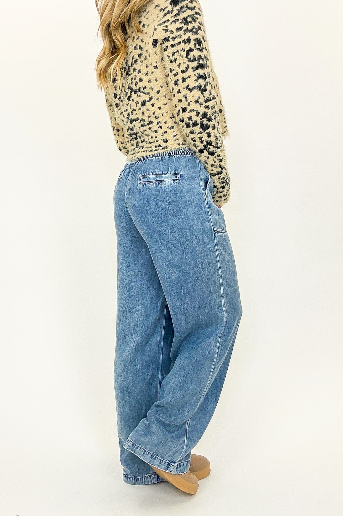 Blue Drift Washed Chambray Elastic Waist Wide Leg Pants