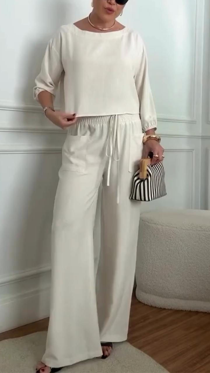 Women Round Neck Top + Drawstring Pants Solid Color Casual Suit