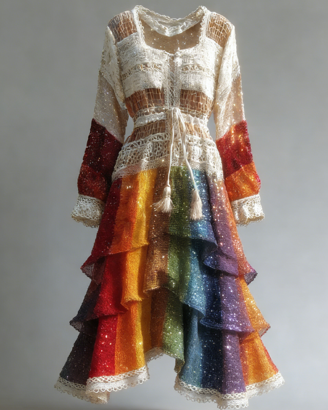 Women's fashionable bright rainbow tie-dyed cotton and linen dress  1288