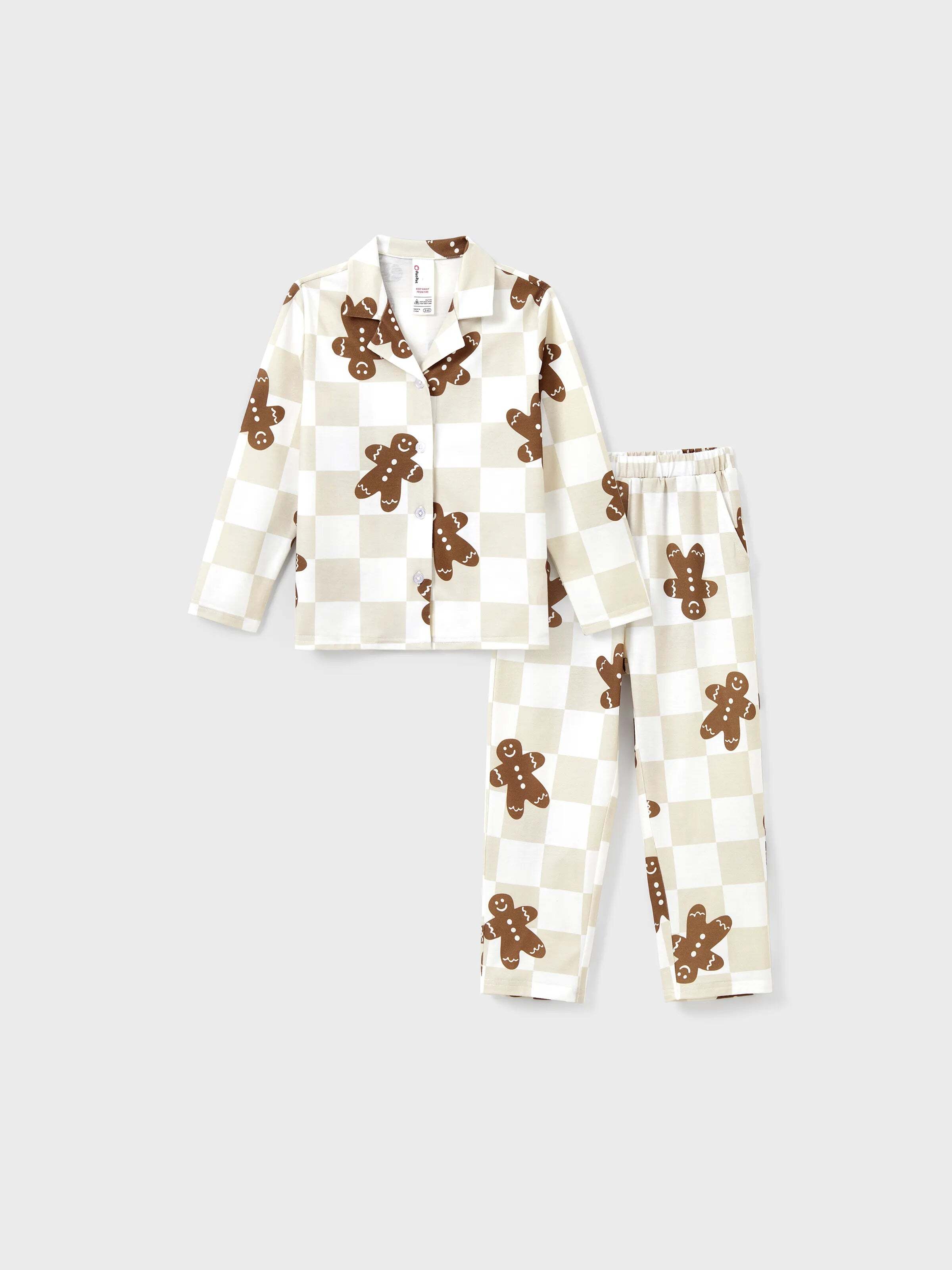 Christmas Matching Family Pajamas Set Block checkered Gingerbread Print PJS with Christmas Socks Khaki