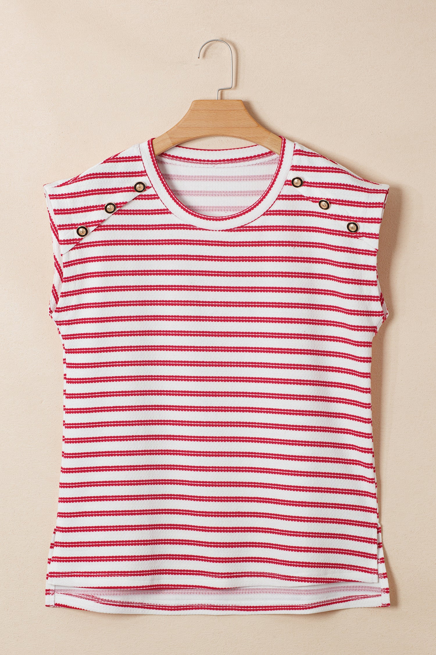Red Stripe Textured Knit Button Detail Short Sleeve Casual Tee