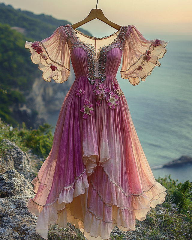 Summer Vacation Floral Embroidery Sequins Beaded Ruffle Dress 4dfe