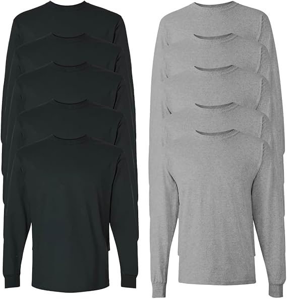 10 Pack: Men's 100% Cotton Crew Neck Long Sleeve Tee Casual Basic T-Shirt Sizes S-6XL Soft-Touch Fabric Ribbed Cuffs Tailored Fit PLUS SIZES