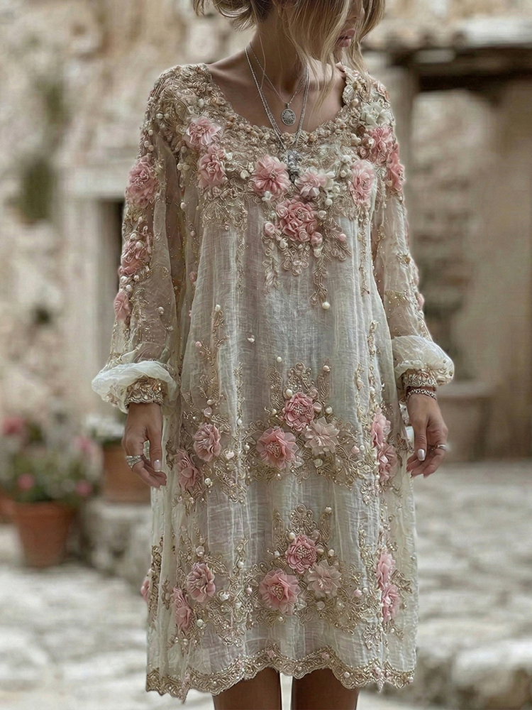 Women's Pink Rose Embroidery Art Round Neck Long Sleeve Linen Blend Midi Dress