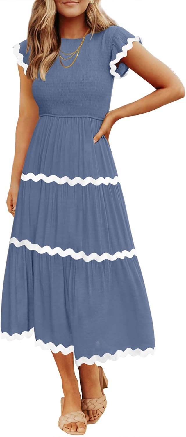 Womens Summer Casual Smocked Midi Dress 2026 Flutter Short Sleeve High Waist Tiered Flowy Boho Vacation Dresses