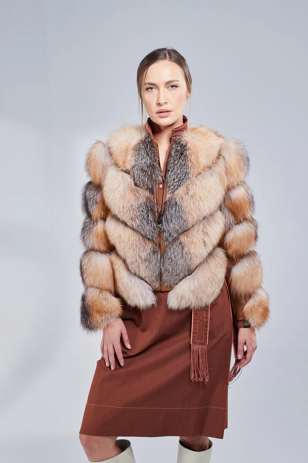 Haină din Blană Naturală de Vulpe, V Model, Transformabilă, Femei, Brown Frost 275
