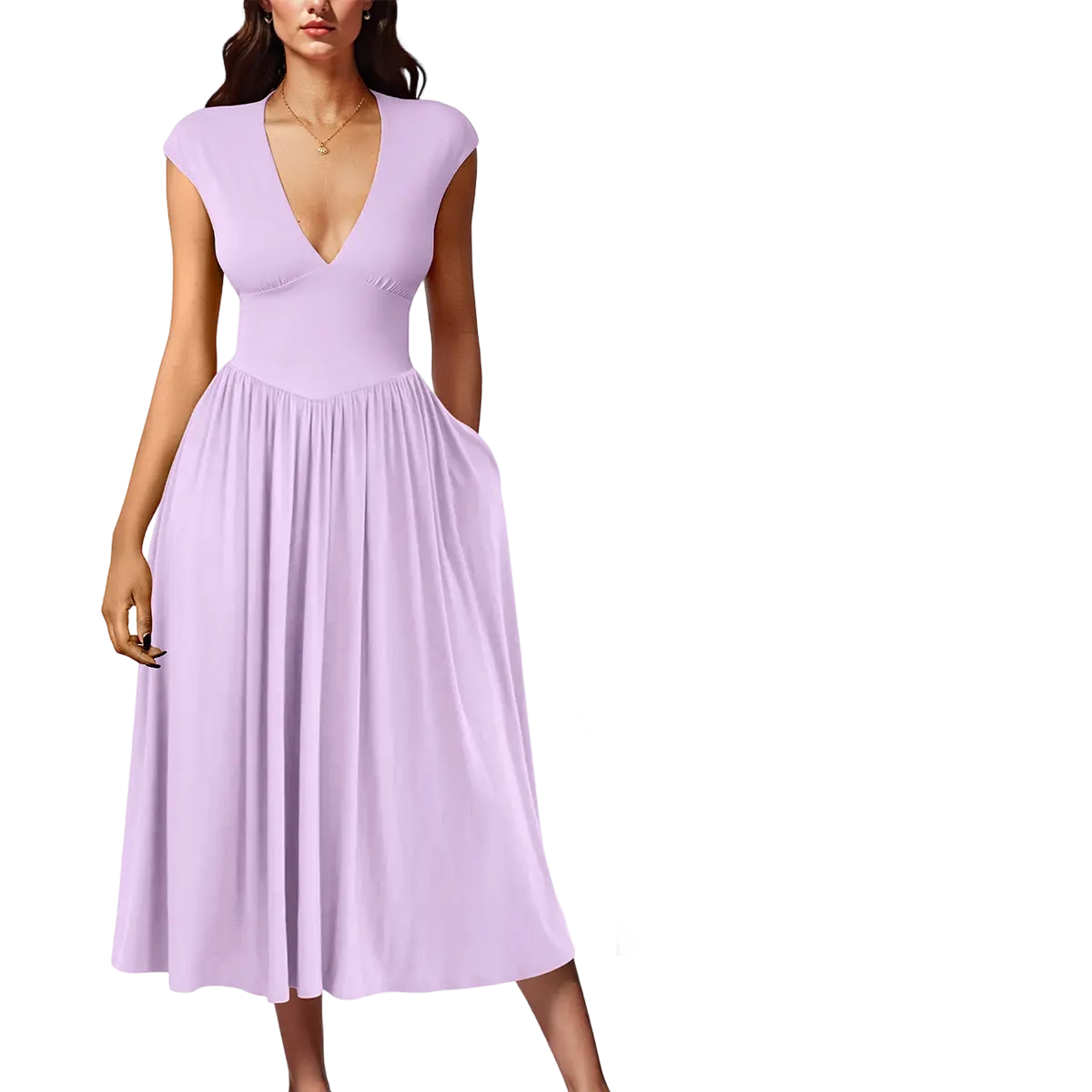 Women's Summer Deep V-Neck Cap Sleeve Pleated A‑Line Midi Dress with Pockets