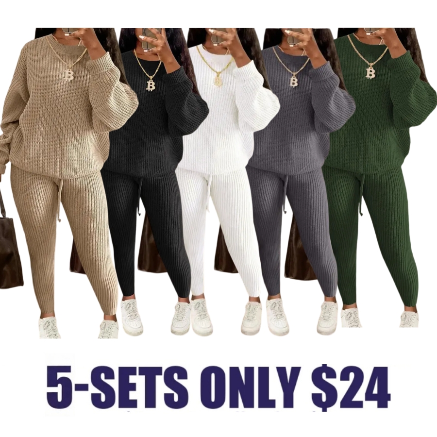 🔥Women's Solid Round Neck Drop Shoulder Sweater & Drawstring Waist Pants Knit Set, Casual Cozy Knitwear for Daily Outdoor Wear, Ladies Fall & Winter Outfits, Women's 2 Pcs Sweater Set
