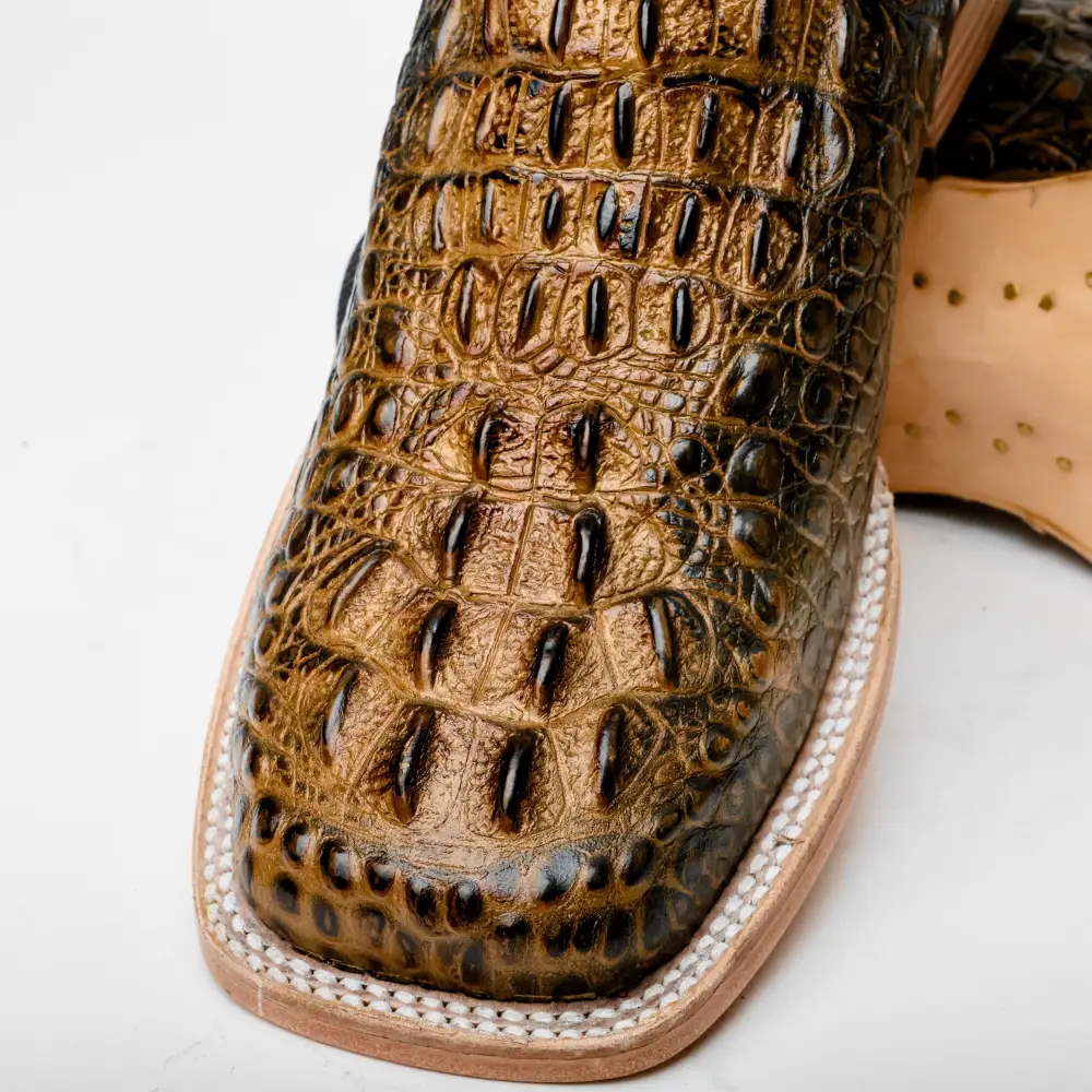 Honey Caiman Neck Leather Boots - Square Toe