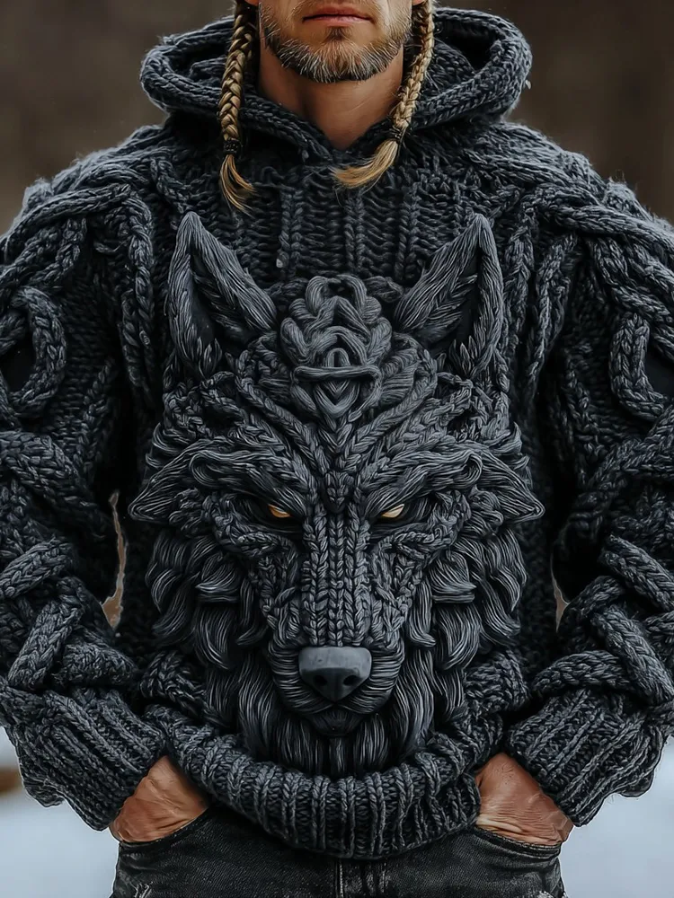 Vintage Viking Wolf Knit Thick Warm Men's Hooded Sweater
