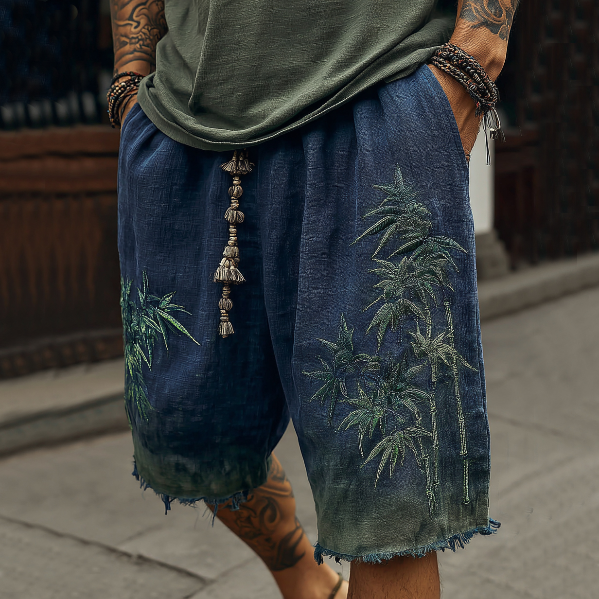Japanese Bamboo Embroidery Art Gradient Print Linen Blend Casual Shorts