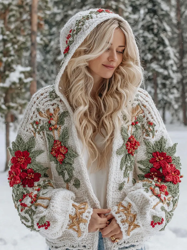 Women's Christmas Flower Celtic Knot Jacquard Button Chunky Hooded Sweater