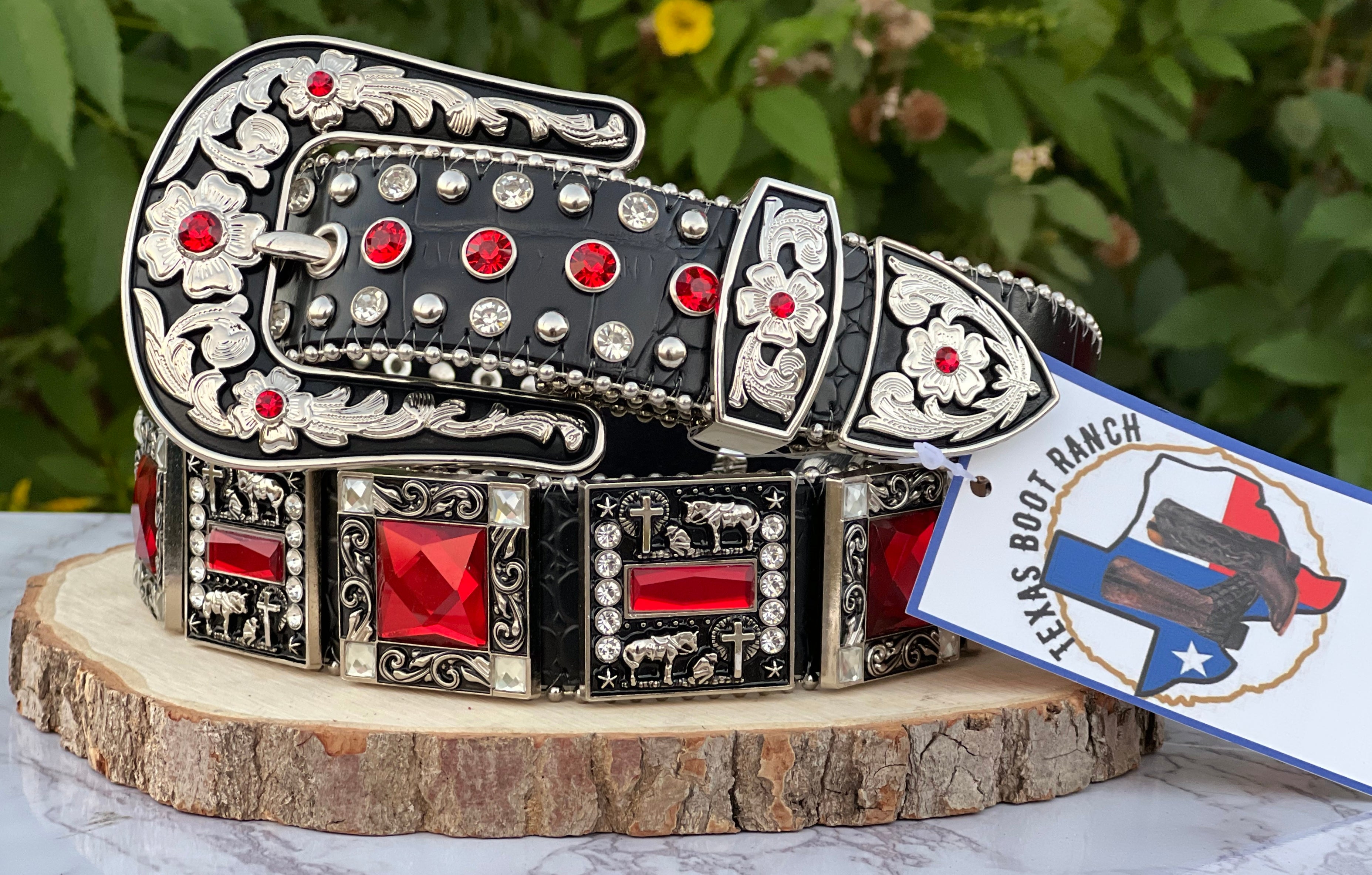 Western Black Leather Belt With Red/ Praying Cowboy Rhinestones