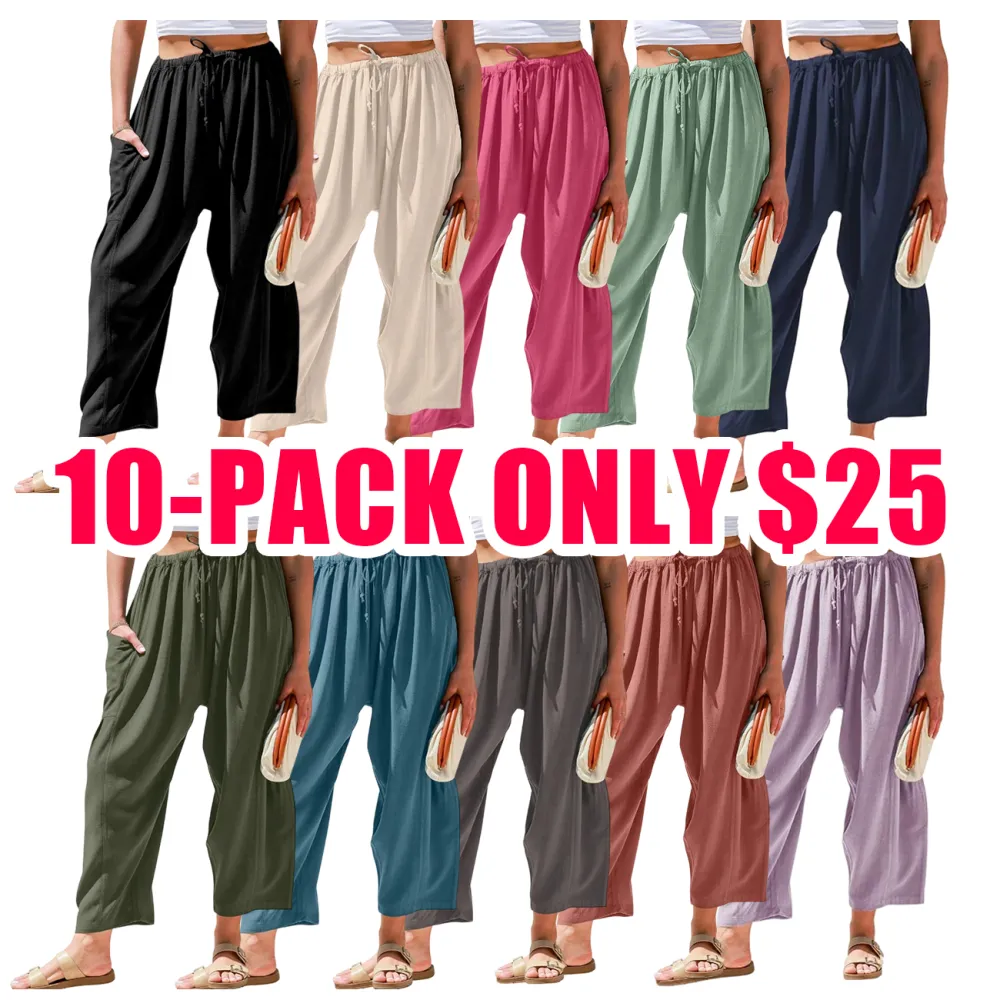 Women's Linen Casual Loose Fit Beach Palazzo Harem Trousers with Pockets