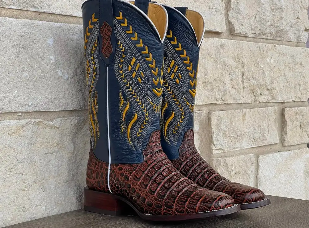 Men’s Cognac Crocodile Hornback Leather Boots With Blue Shaft