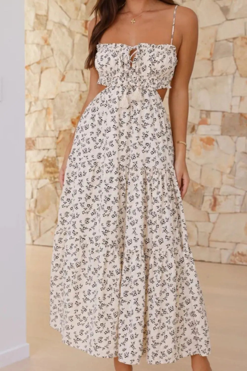 Cutout Printed Sleeveless Midi Cami Dress